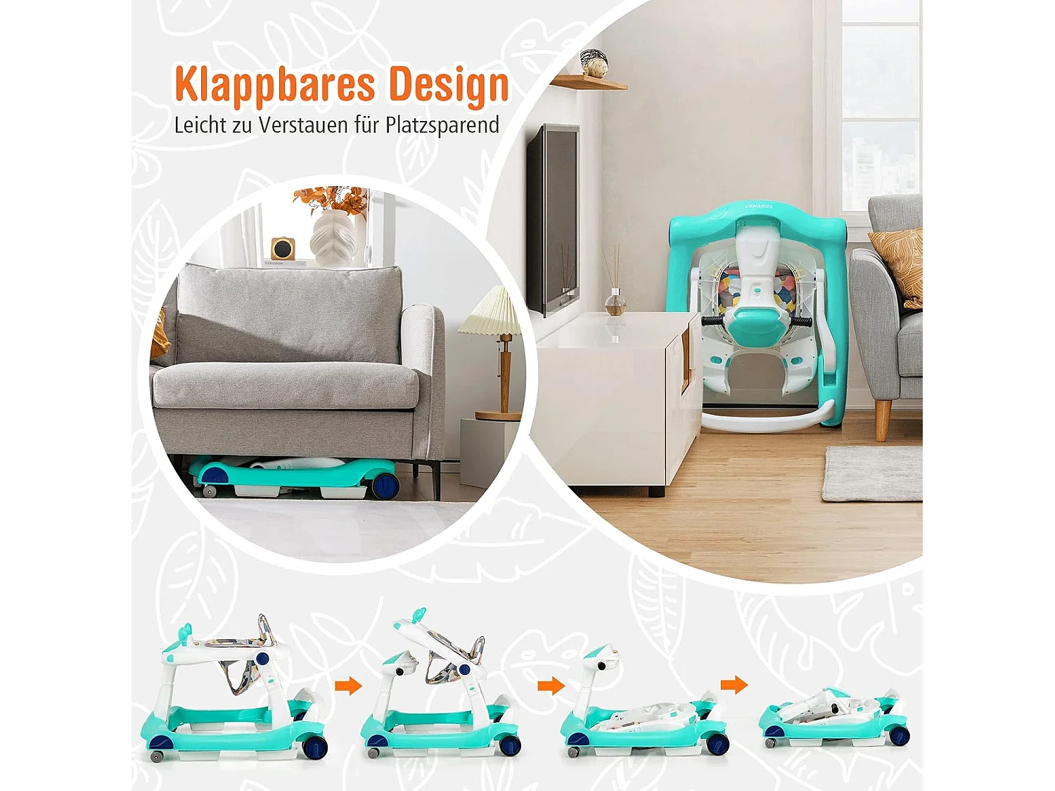 2-in-1 Lauflernhilfe klappbar, Baby Walker höhenverstellbar, Gehfrei, Laufhilfe mit Anti-Kollision & Anti-Rutsch, Lauflernwagen, für 6-18 Monate, bis 15kg belastbar