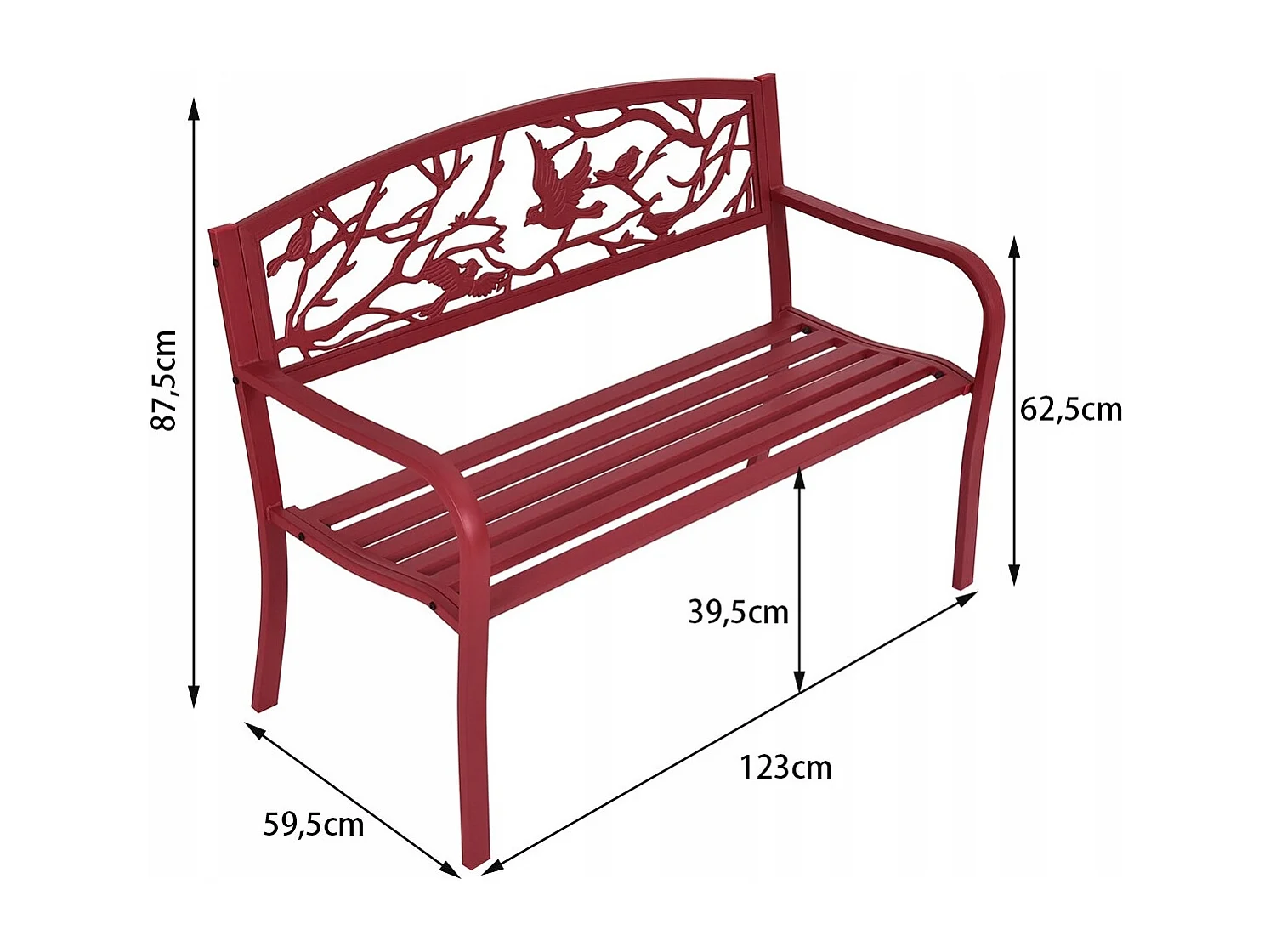 Gartenbank 3-Sitzer Parkbank Eisenbank mit Rückenlehnen Rot 127 x 60 x 88 cm