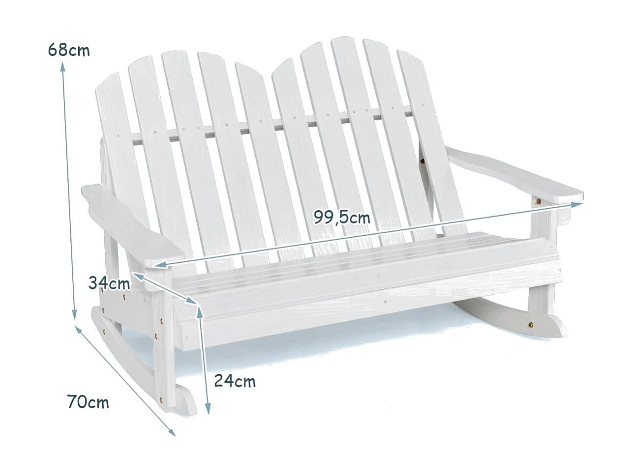 Sedia a dondolo adirondack per 2 bambini, Panchina a dondolo da esterno con sedile a doghe portata 100kg Bianco