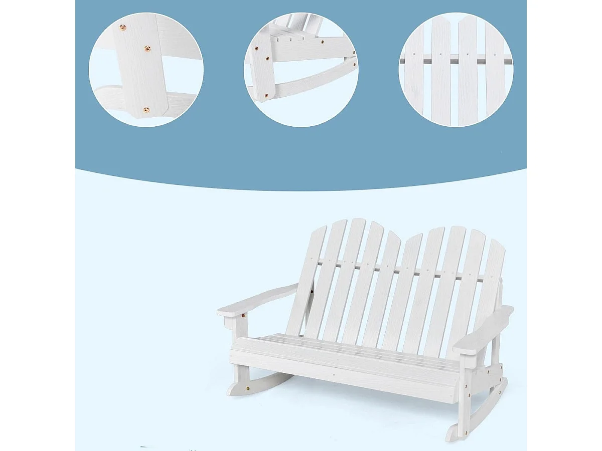 Sedia a dondolo adirondack per 2 bambini, Panchina a dondolo da esterno con sedile a doghe portata 100kg Bianco