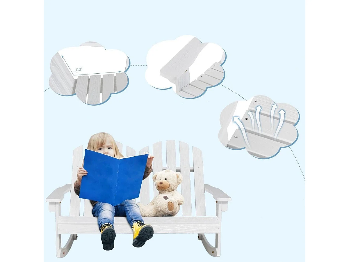 Sedia a dondolo adirondack per 2 bambini, Panchina a dondolo da esterno con sedile a doghe portata 100kg Bianco