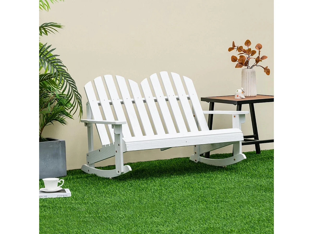 Sedia a dondolo adirondack per 2 bambini, Panchina a dondolo da esterno con sedile a doghe portata 100kg Bianco