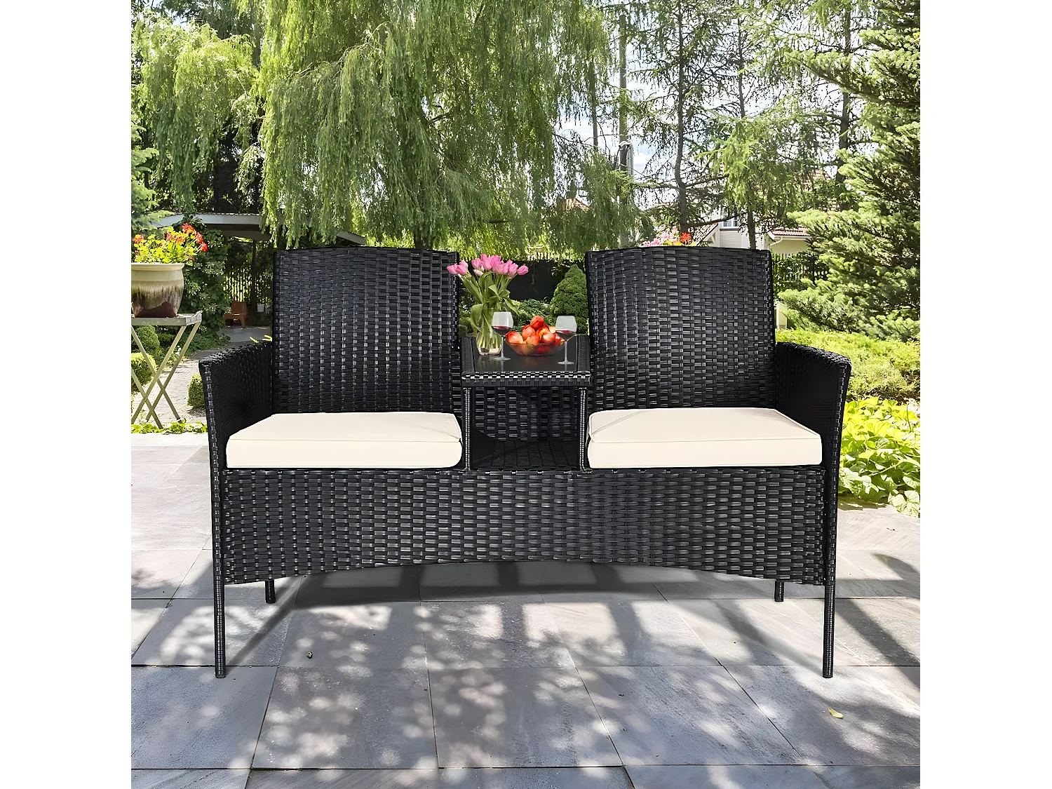 2-Sitzer Rattan Gartenbank mit Kissen