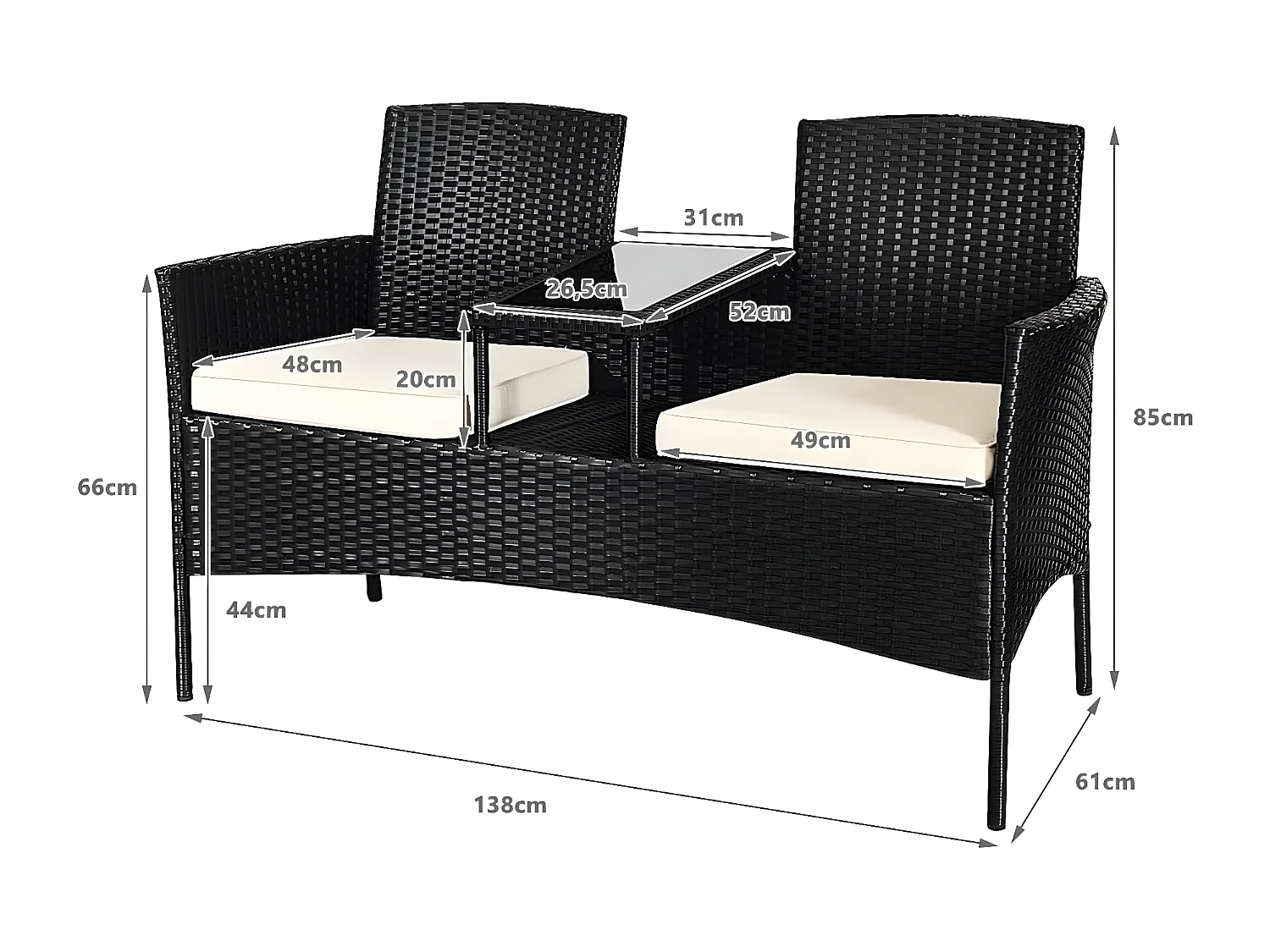 2-Sitzer Rattan Gartenbank mit Kissen