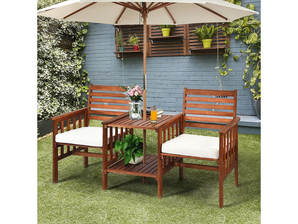 Set di tavolo e sedie 3 pezzi in legno di acacia a doppia seduta