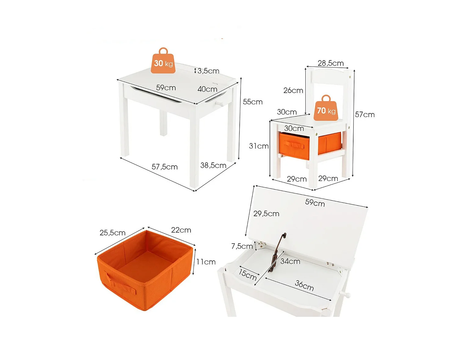Table et Chaises Enfants en Bois avec Plateau Rabattable Bureau Enfants avec Espace de Rangement Charge 70kg pour Enfants de 3 Ans+