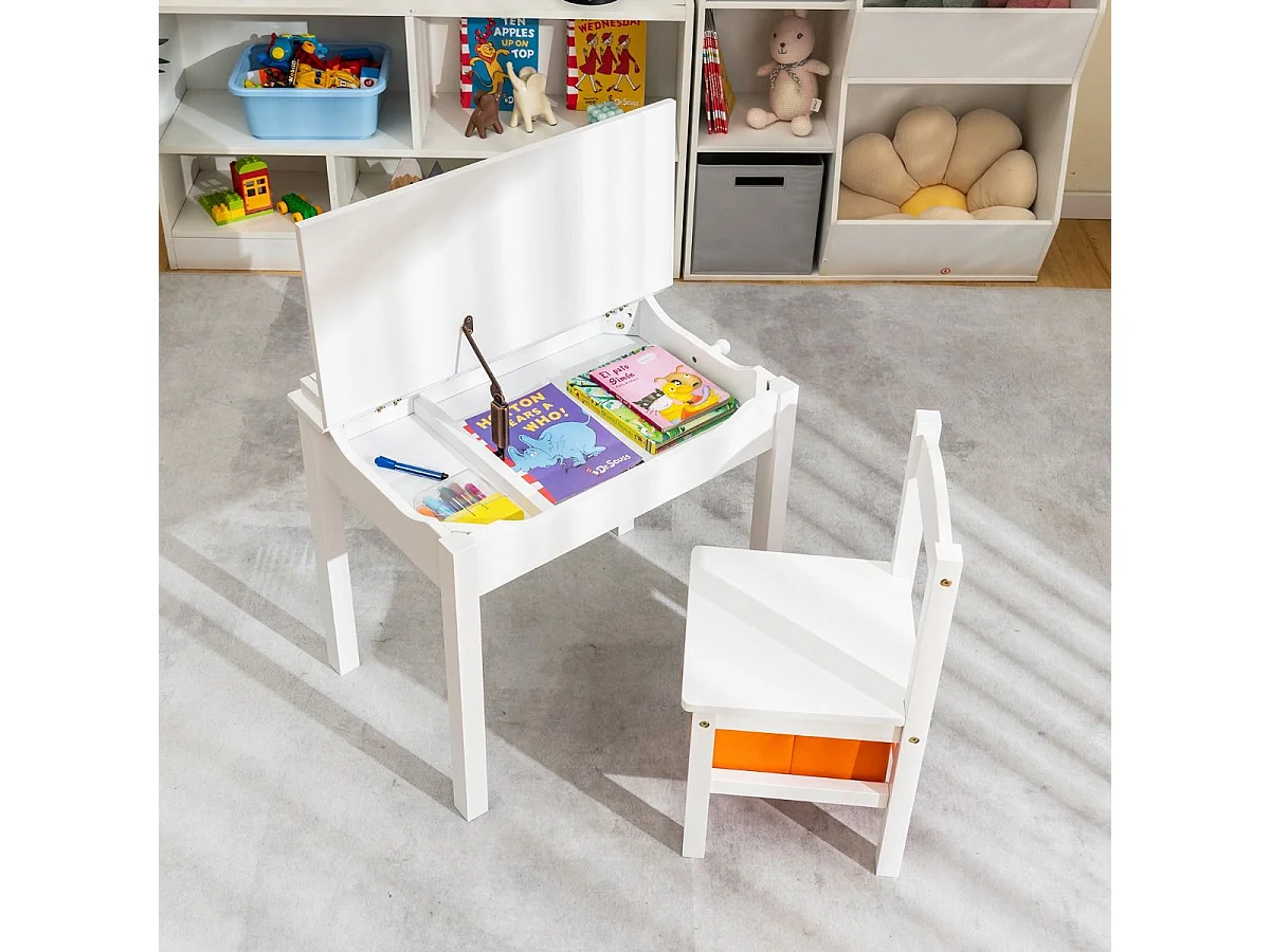 Table et Chaises Enfants en Bois avec Plateau Rabattable Bureau Enfants avec Espace de Rangement Charge 70kg pour Enfants de 3 Ans+