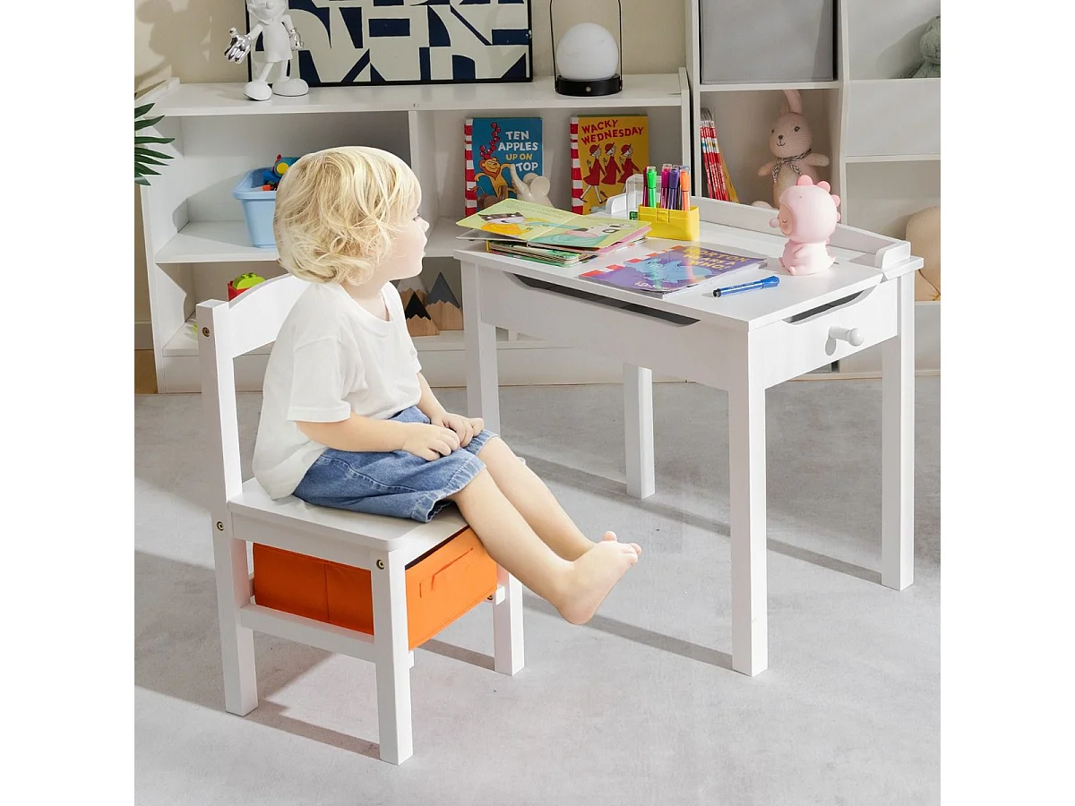 Table et Chaises Enfants en Bois avec Plateau Rabattable Bureau Enfants avec Espace de Rangement Charge 70kg pour Enfants de 3 Ans+