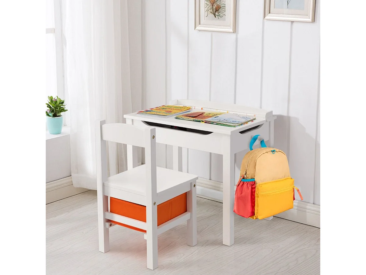 Table et Chaises Enfants en Bois avec Plateau Rabattable Bureau Enfants avec Espace de Rangement Charge 70kg pour Enfants de 3 Ans+