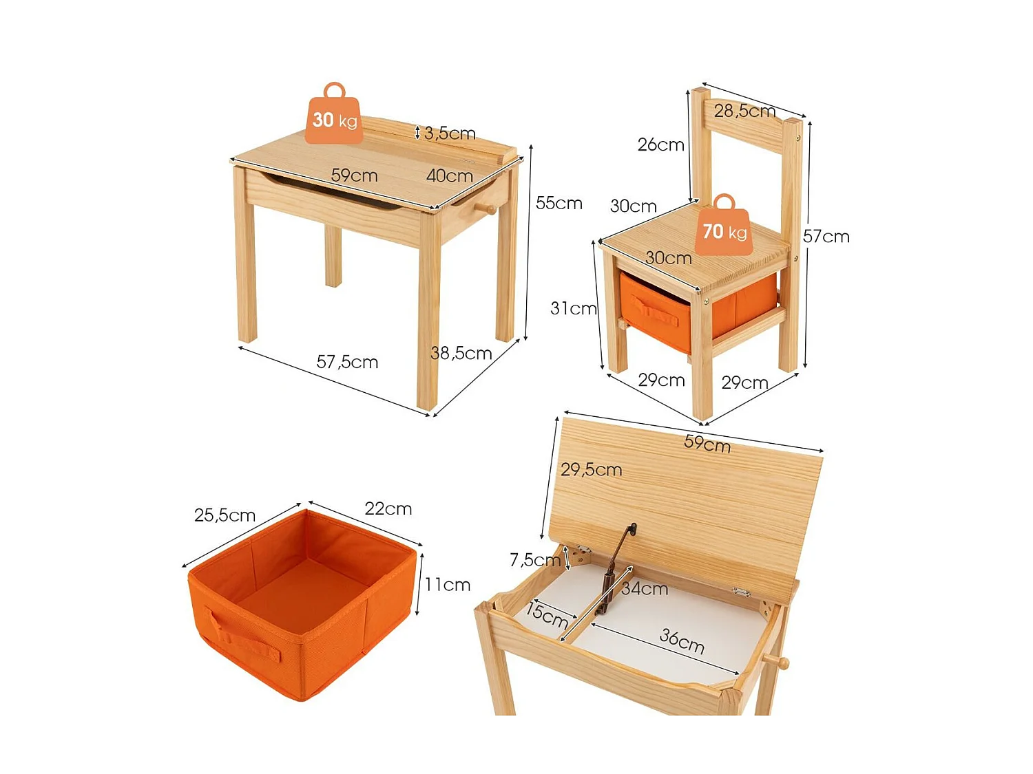 Set tavolo e sedia per bambini in legno massello, Scrivania ribaltabile con sedia per stanza giochi asilo Naturale