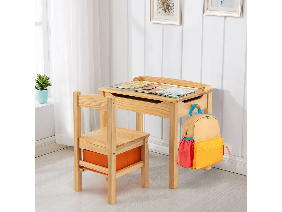 Set tavolo e sedia per bambini in legno massello, Scrivania ribaltabile con sedia per stanza giochi asilo Naturale