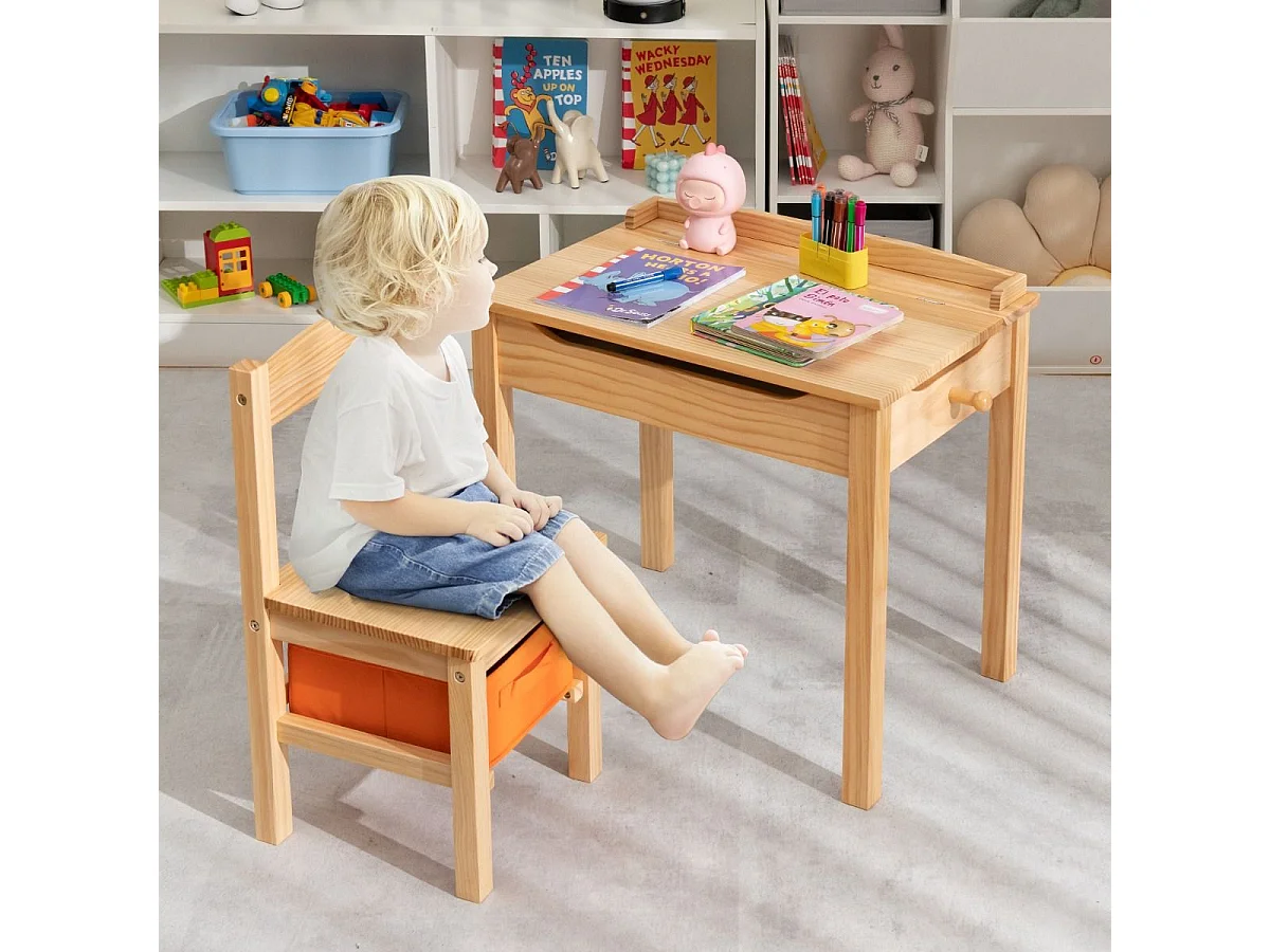 Set tavolo e sedia per bambini in legno massello, Scrivania ribaltabile con sedia per stanza giochi asilo Naturale