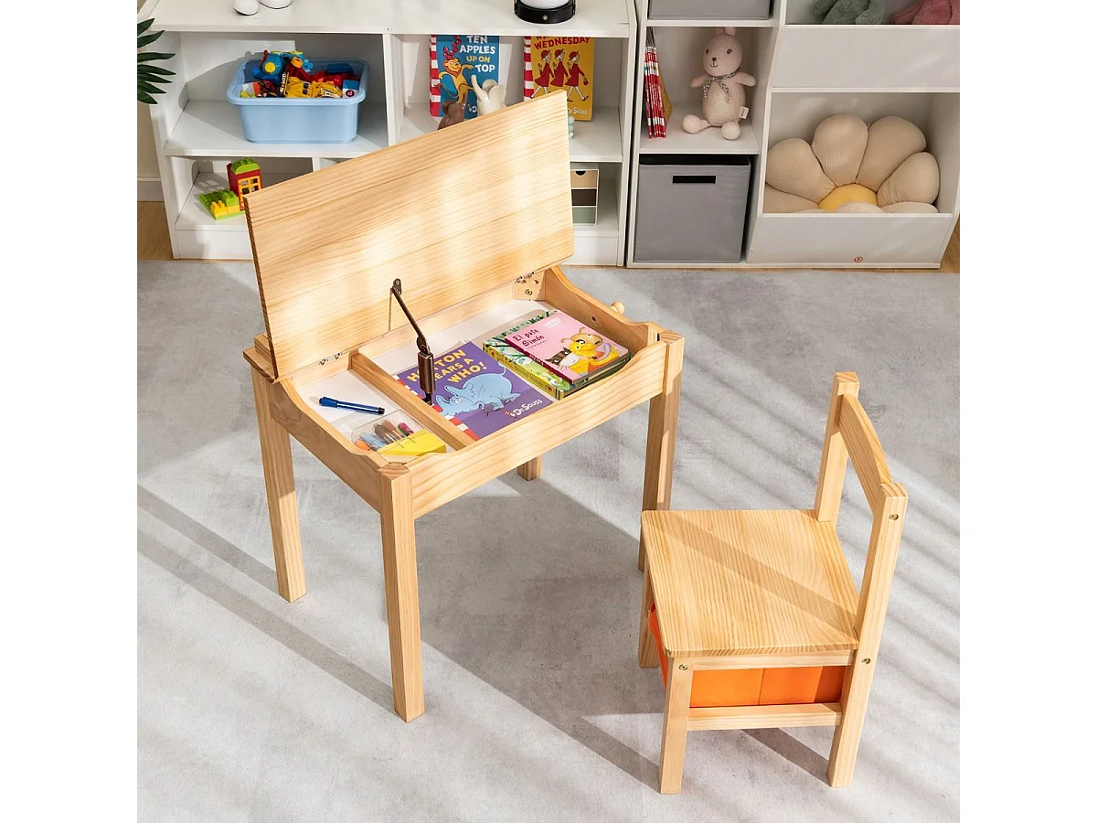 Set tavolo e sedia per bambini in legno massello, Scrivania ribaltabile con sedia per stanza giochi asilo Naturale