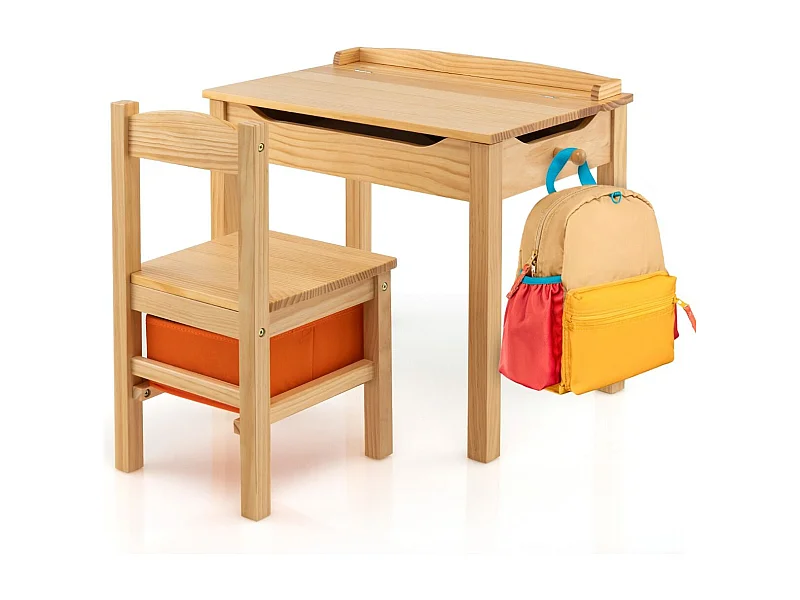 Set tavolo e sedia per bambini in legno massello, Scrivania ribaltabile con sedia per stanza giochi asilo Naturale
