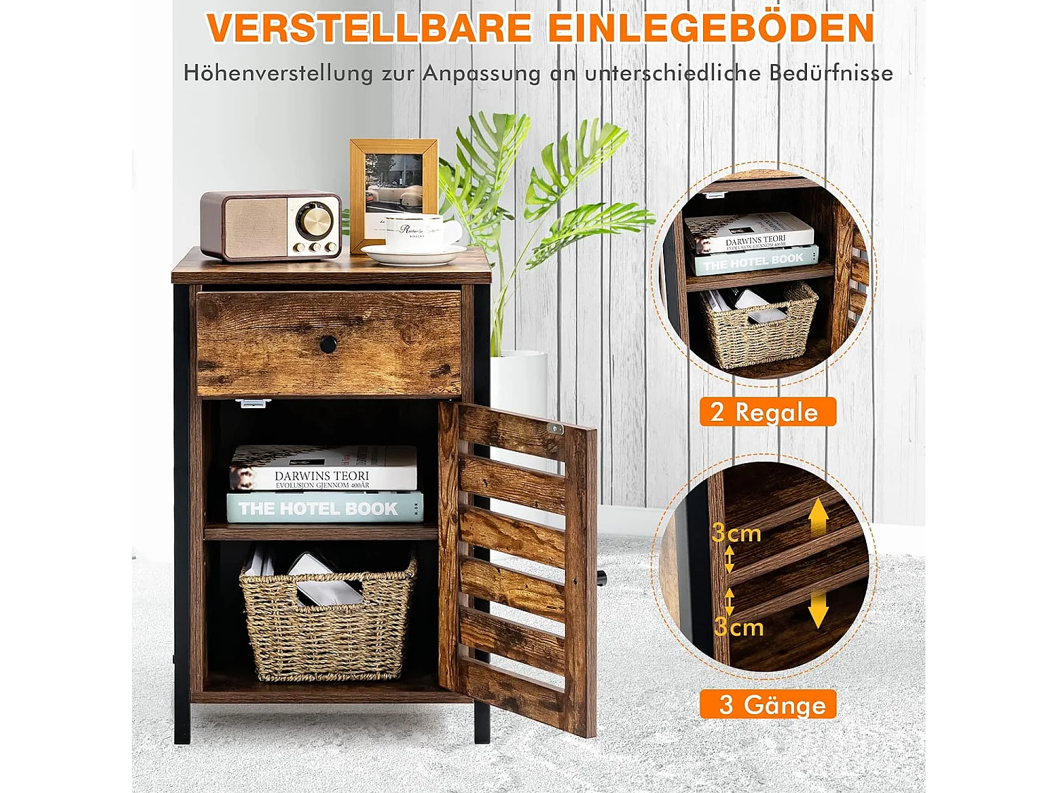 Industrieller freistehender Nachttisch mit höhenverstellbarer Ablage Rustikales Braun