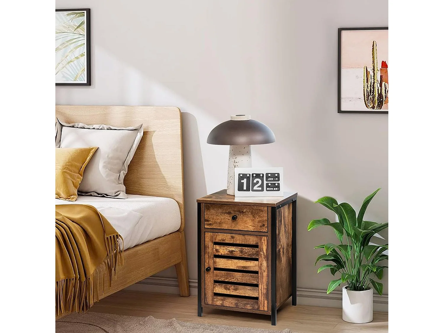 Industrieller freistehender Nachttisch mit höhenverstellbarer Ablage Rustikales Braun