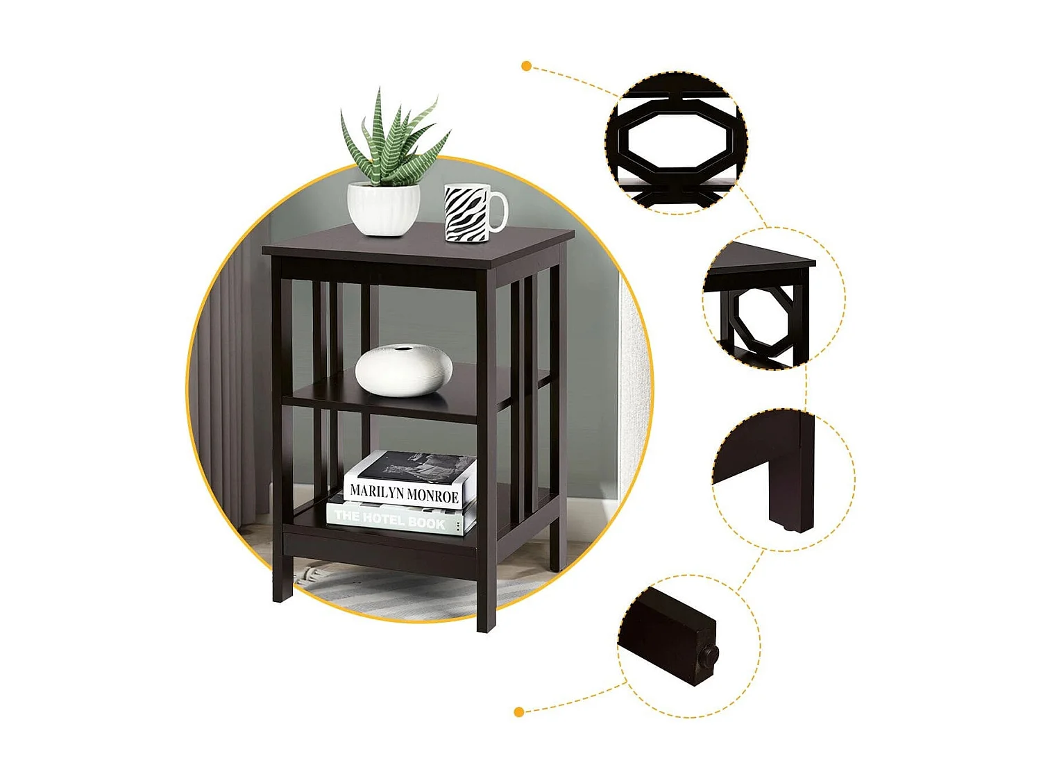 2er Set Nachttisch OO-förmiger Beistelltisch mit 3 Ebenen Couchtisch 40 x 40 x 61 cm Braun