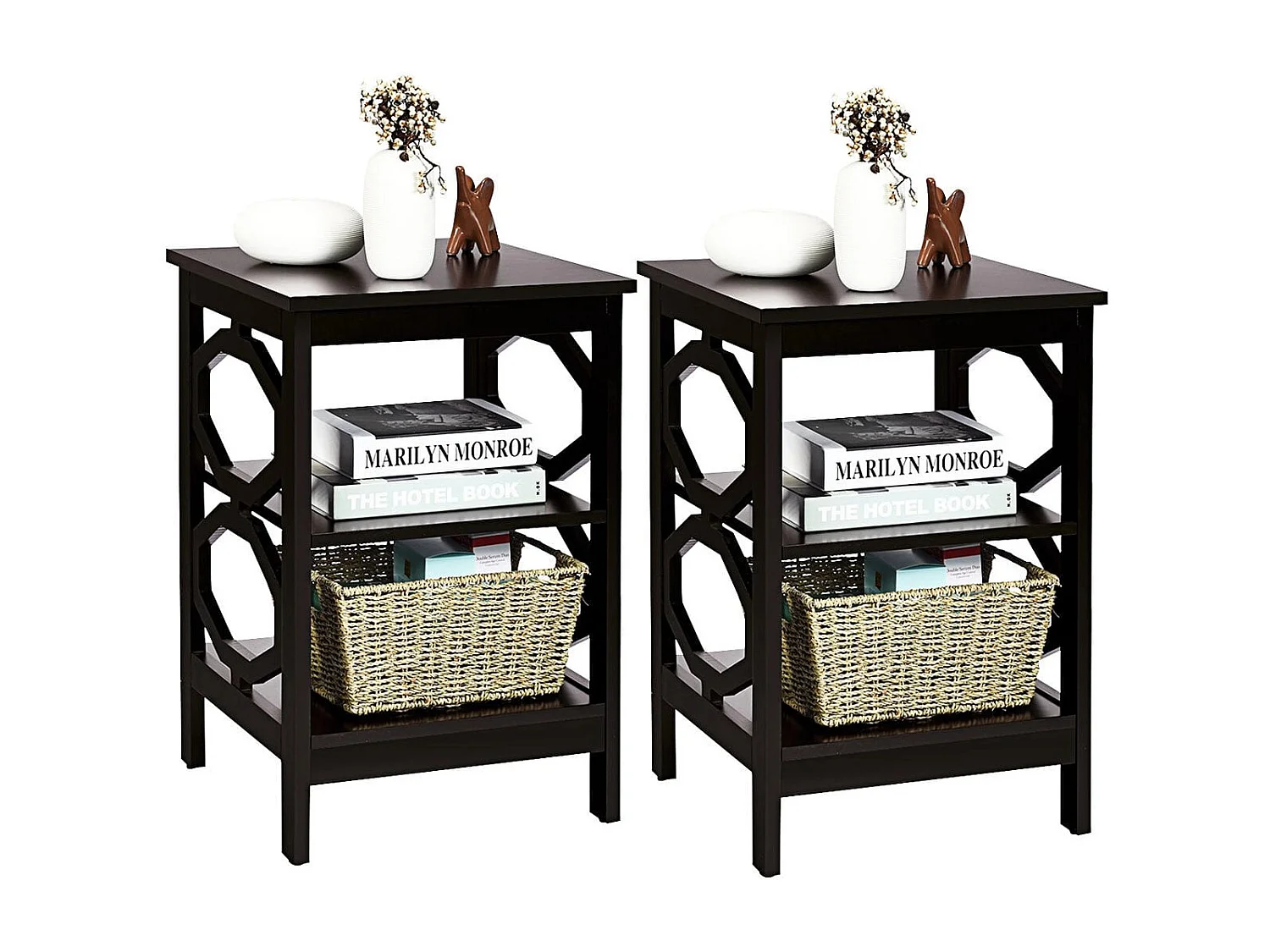 2er Set Nachttisch OO-förmiger Beistelltisch mit 3 Ebenen Couchtisch 40 x 40 x 61 cm Braun