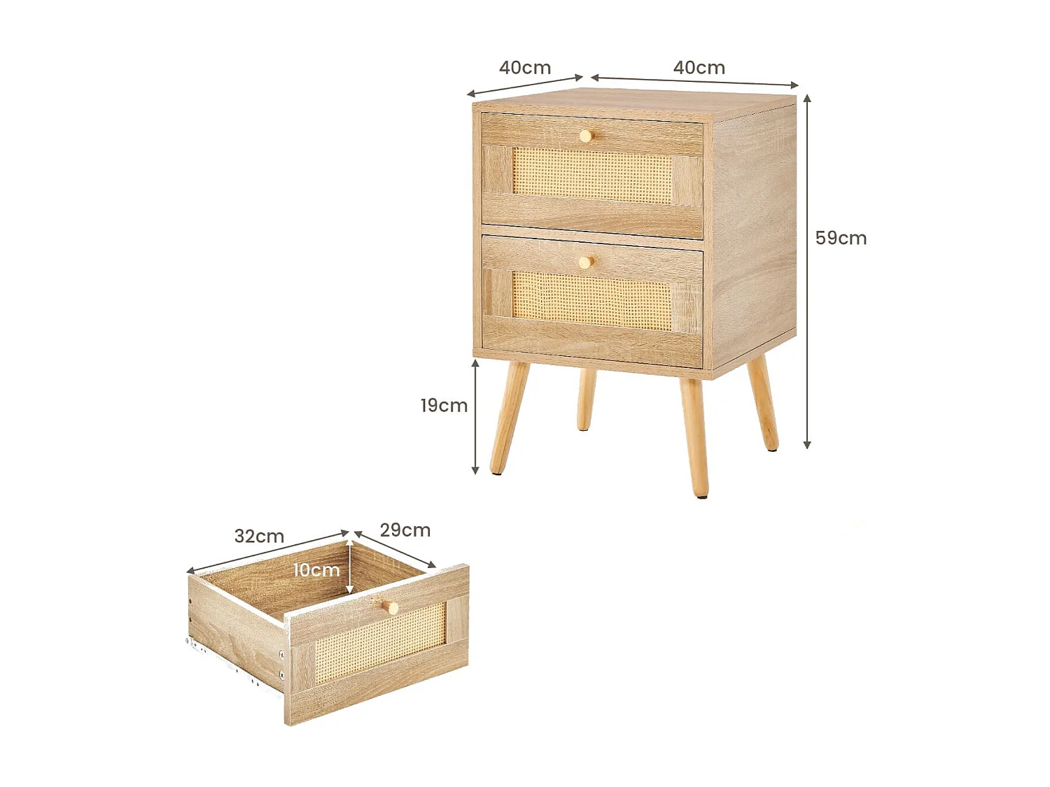 Set di 2 comodini in rattan con 2 cassetti gambe in legno massello, 2 Tavolini comodini Boho Naturale