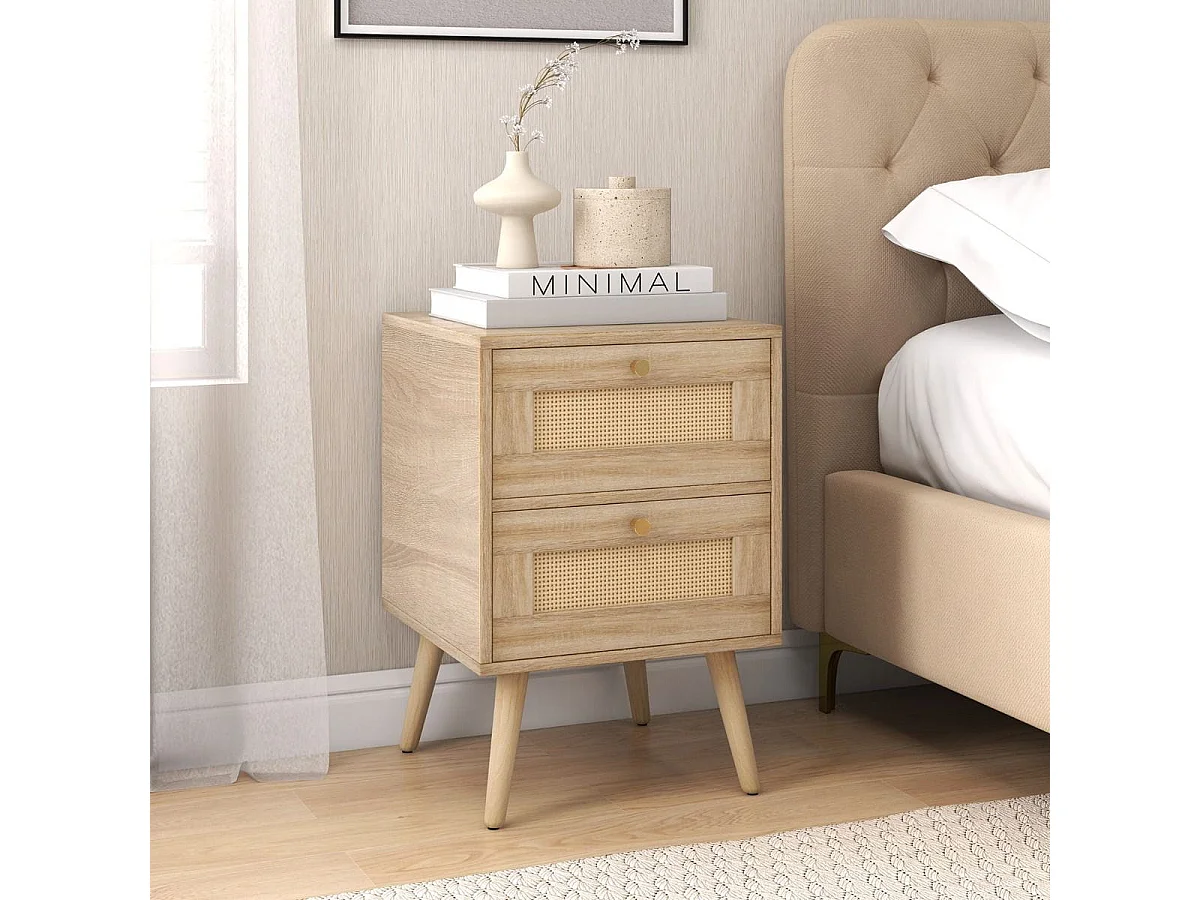 Set di 2 comodini in rattan con 2 cassetti gambe in legno massello, 2 Tavolini comodini Boho Naturale
