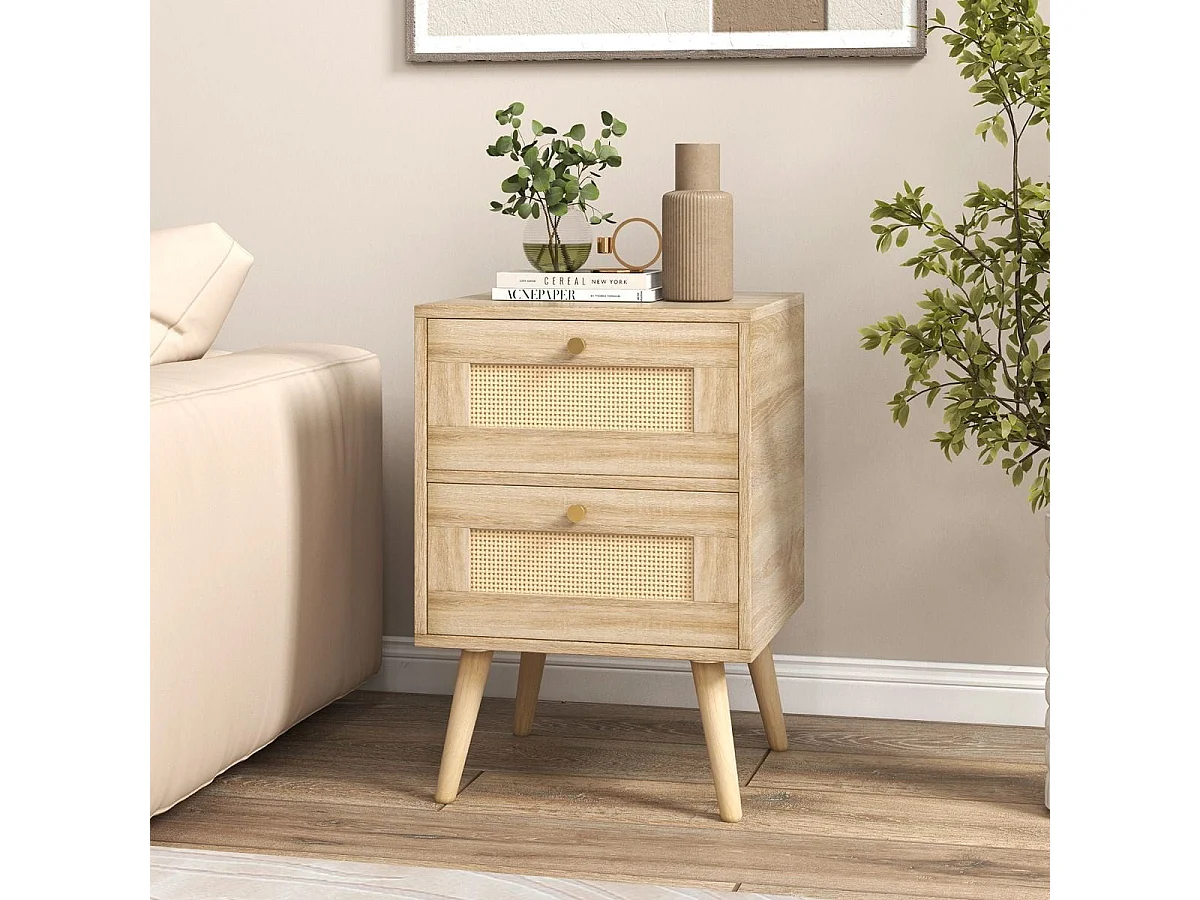 Set di 2 comodini in rattan con 2 cassetti gambe in legno massello, 2 Tavolini comodini Boho Naturale