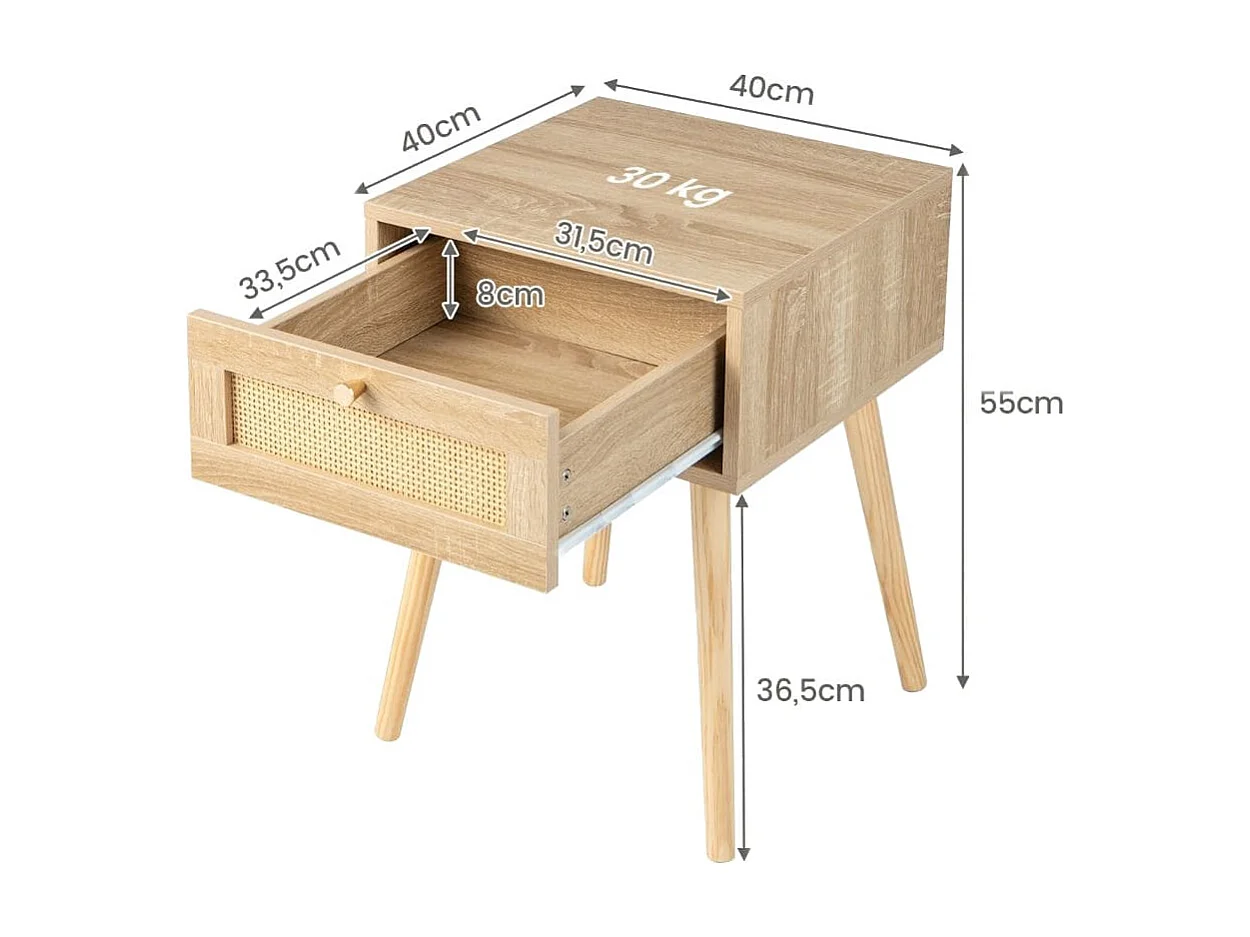 Nachttisch mit Schublade Beistelltisch mit Rattan-Design 40 x 40 x 55 cm Eiche