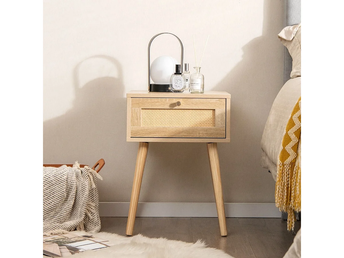 Nachttisch mit Schublade Beistelltisch mit Rattan-Design 40 x 40 x 55 cm Eiche