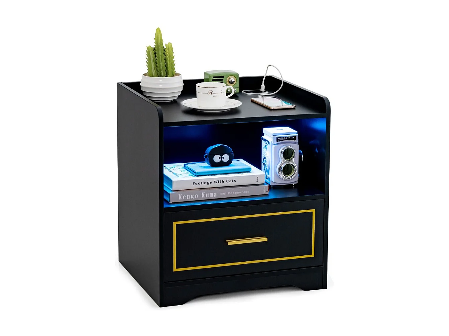 Nachttisch mit LED Licht USB-Anschluss und Typ-C-Ladestation Nachtschrank mit Bewegungssensor Schwarz