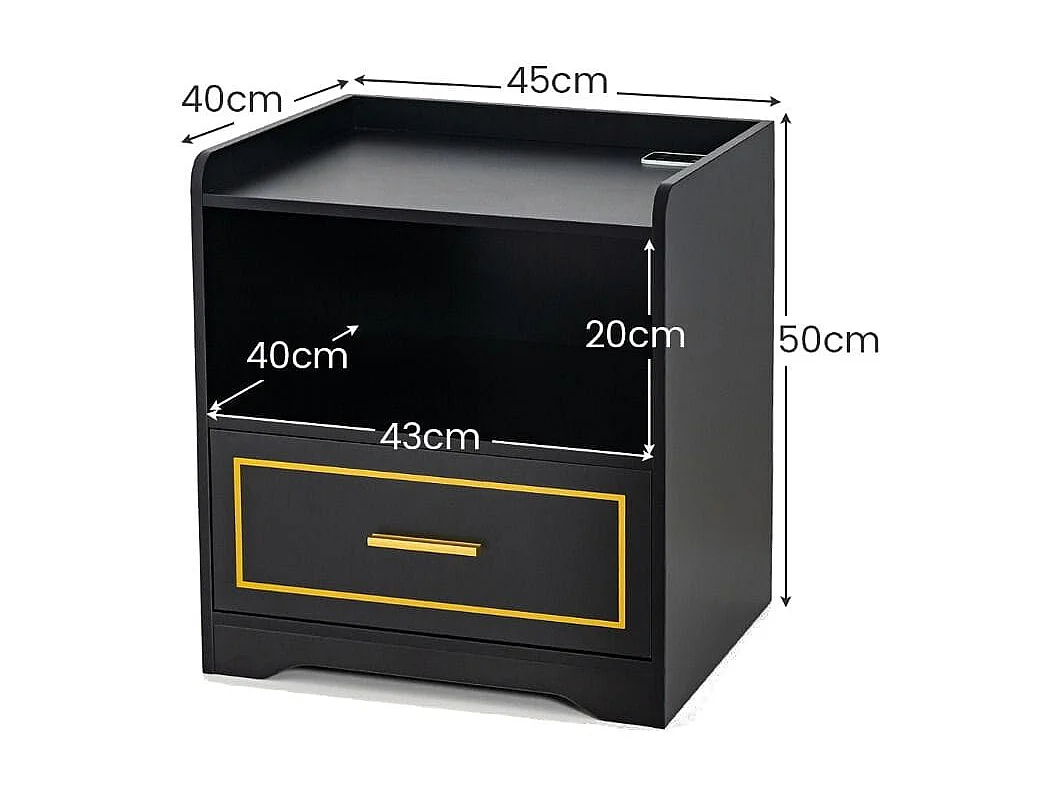 Nachttisch mit LED Licht USB-Anschluss und Typ-C-Ladestation Nachtschrank mit Bewegungssensor Schwarz