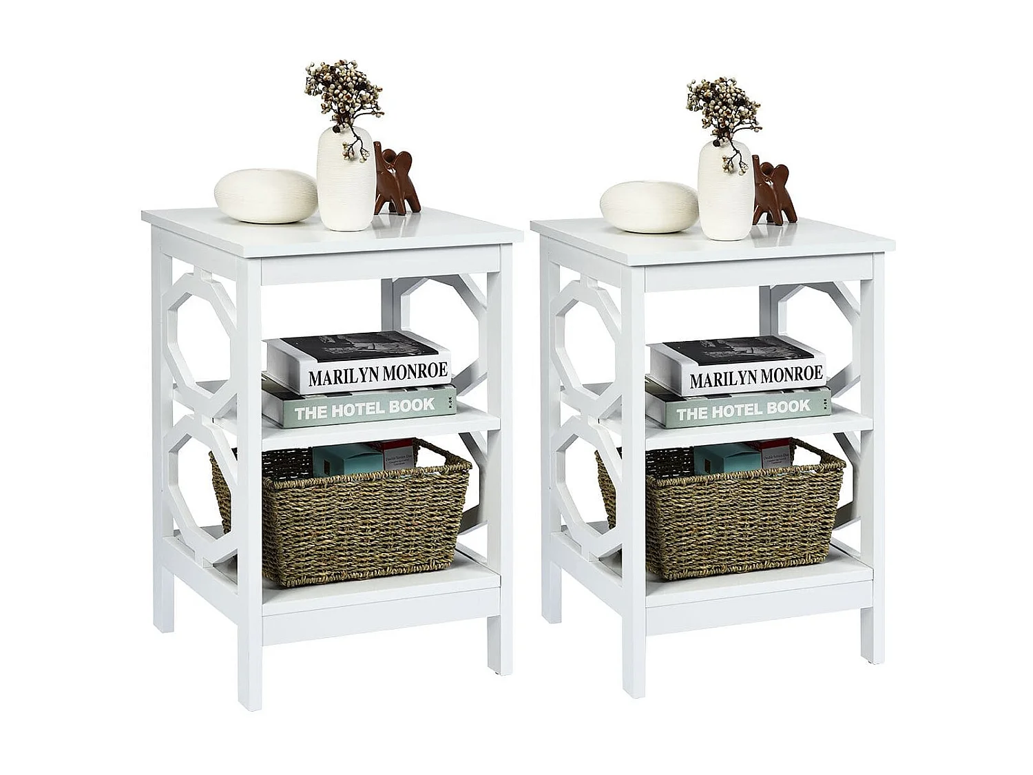 2er Set Nachttisch OO-förmiger Beistelltisch mit 3 Ebenen Couchtisch 40 x 40 x 61 cm Weiß