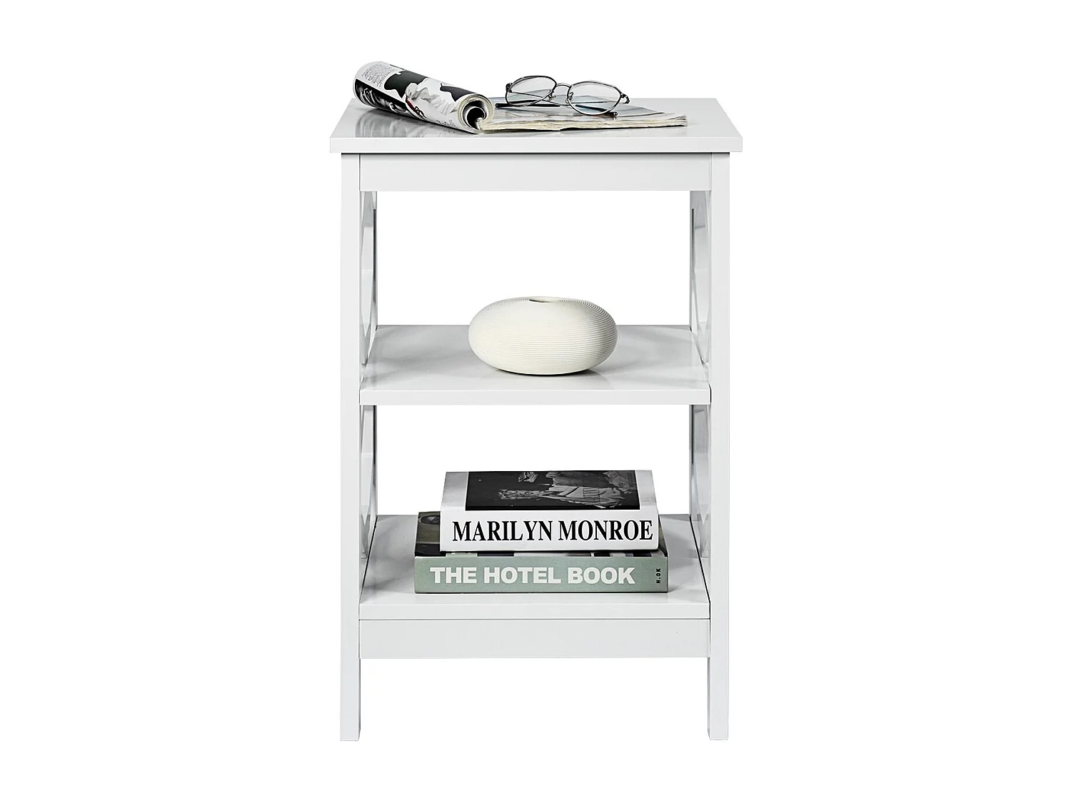 2er Set Nachttisch OO-förmiger Beistelltisch mit 3 Ebenen Couchtisch 40 x 40 x 61 cm Weiß