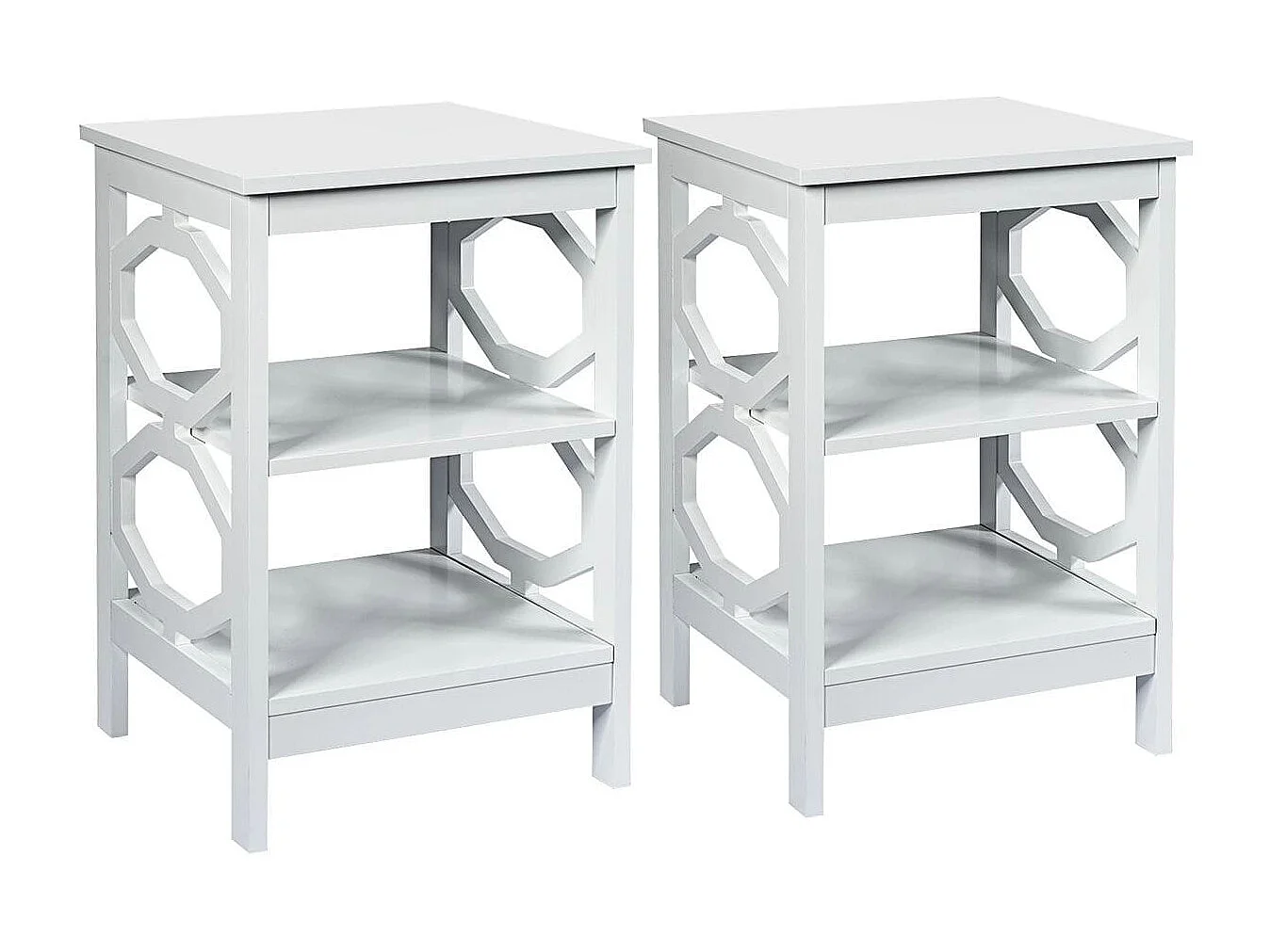 2er Set Nachttisch OO-förmiger Beistelltisch mit 3 Ebenen Couchtisch 40 x 40 x 61 cm Weiß