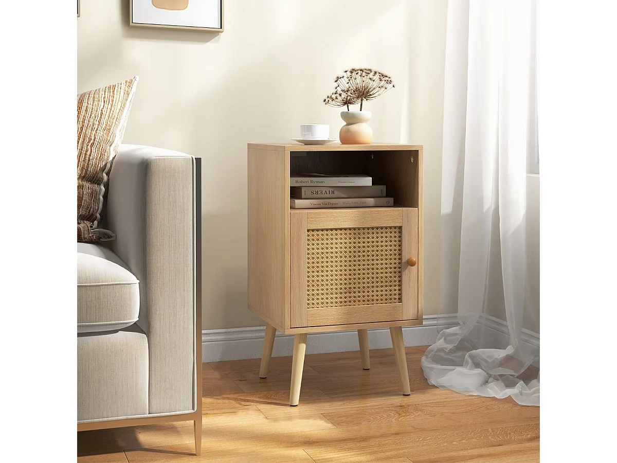 Table de Chevet avec à Porte Cannage et Pieds en Bois Massif Table de Nuit Bohême Fermeture Silencieuse Table d'Appoint ave pour Salon Chambre 40 x 39 x 70 cm