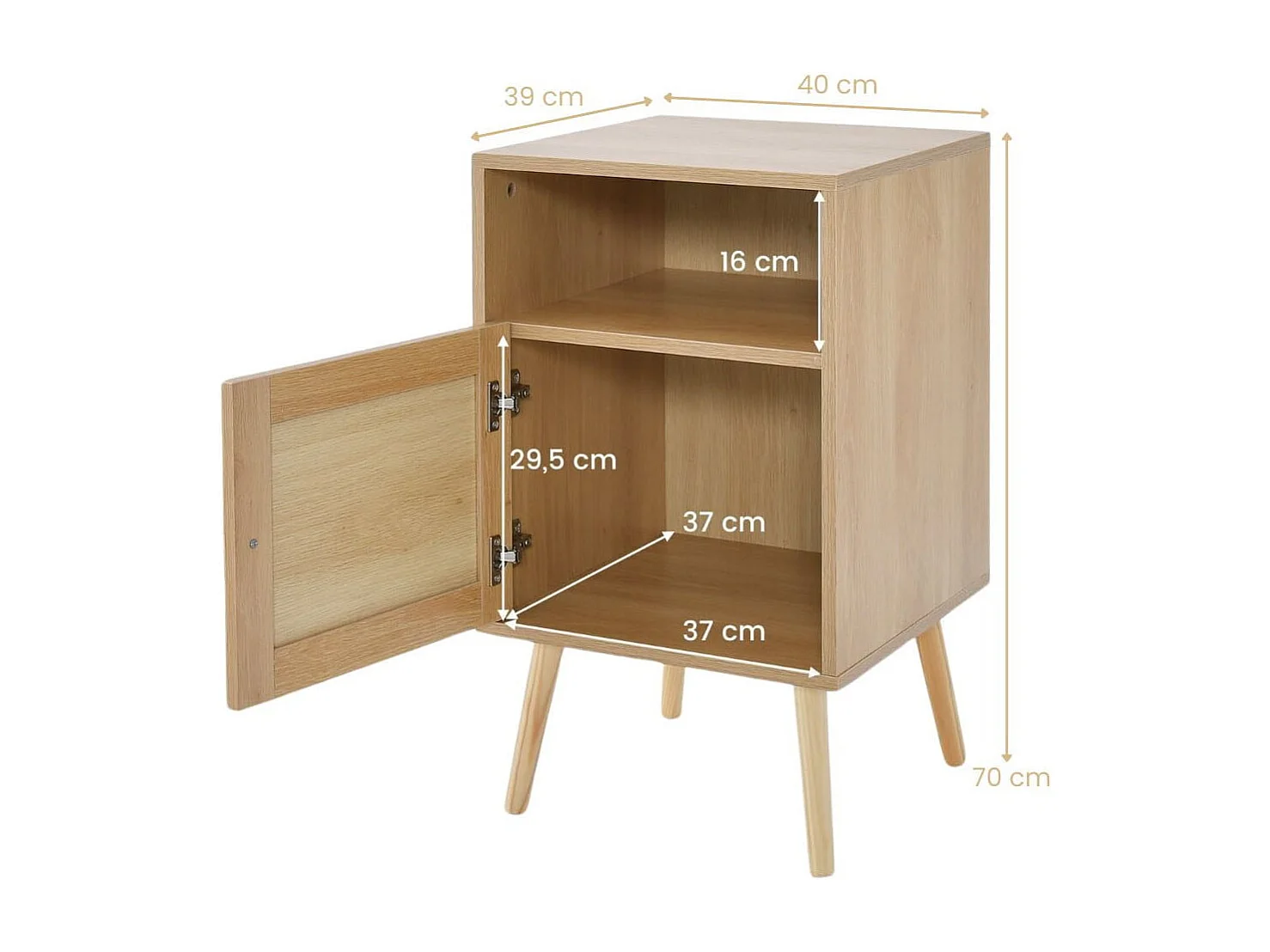 Comodino con mensola aperta e porta in rattan, Tavolino in stile country per camera da letto e soggiorno Naturale