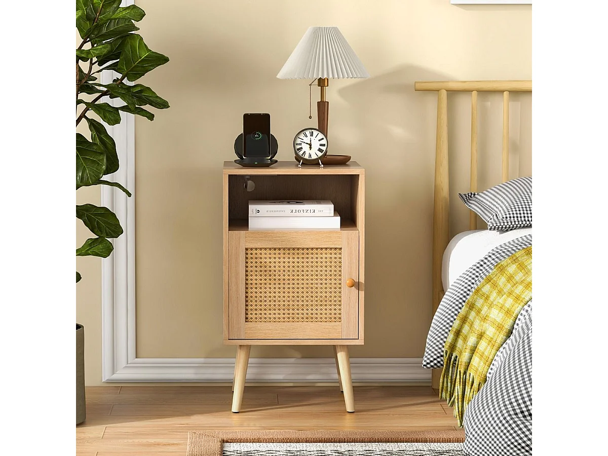 Comodino con mensola aperta e porta in rattan, Tavolino in stile country per camera da letto e soggiorno Naturale