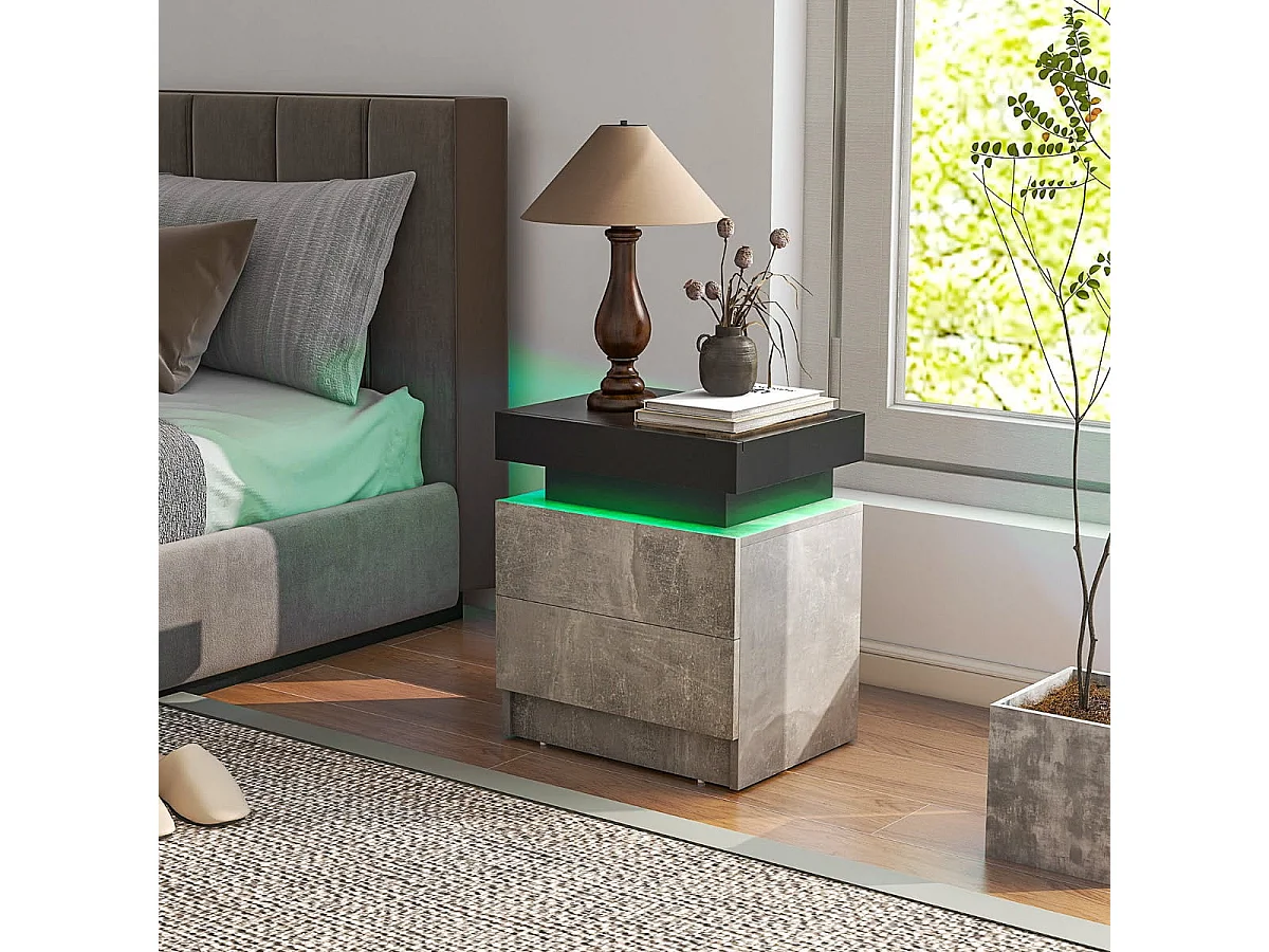 Table de Chevet avec Éclairage LED 20 Couleurs Table de Nuit 2 Tiroirs en Texture Marbre Chevet de Lit pour Chambre Table d'Appoint Noir