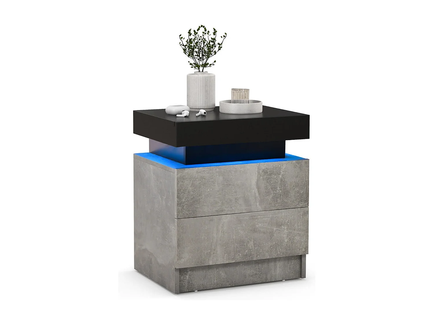 Table de Chevet avec Éclairage LED 20 Couleurs Table de Nuit 2 Tiroirs en Texture Marbre Chevet de Lit pour Chambre Table d'Appoint Noir