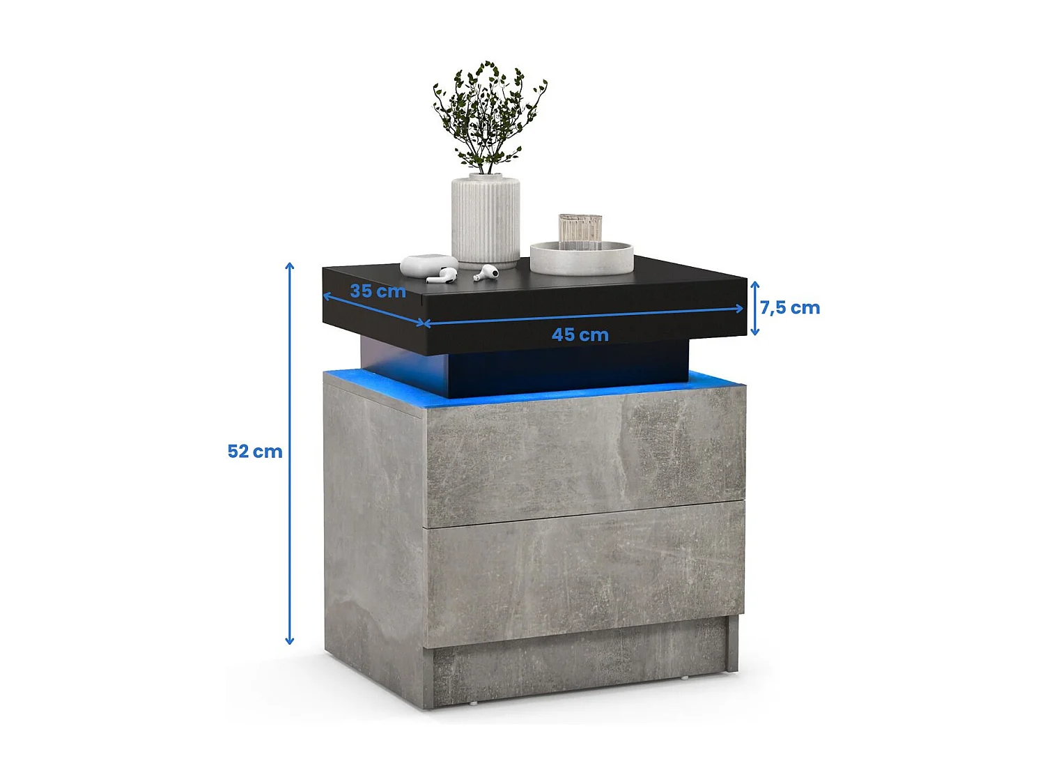 Table de Chevet avec Éclairage LED 20 Couleurs Table de Nuit 2 Tiroirs en Texture Marbre Chevet de Lit pour Chambre Table d'Appoint Noir