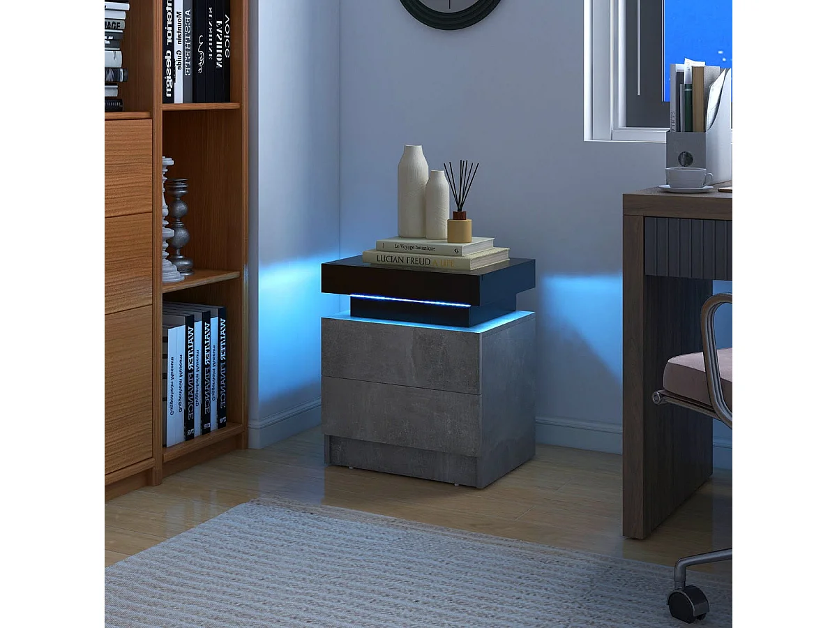 Table de Chevet avec Éclairage LED 20 Couleurs Table de Nuit 2 Tiroirs en Texture Marbre Chevet de Lit pour Chambre Table d'Appoint Noir