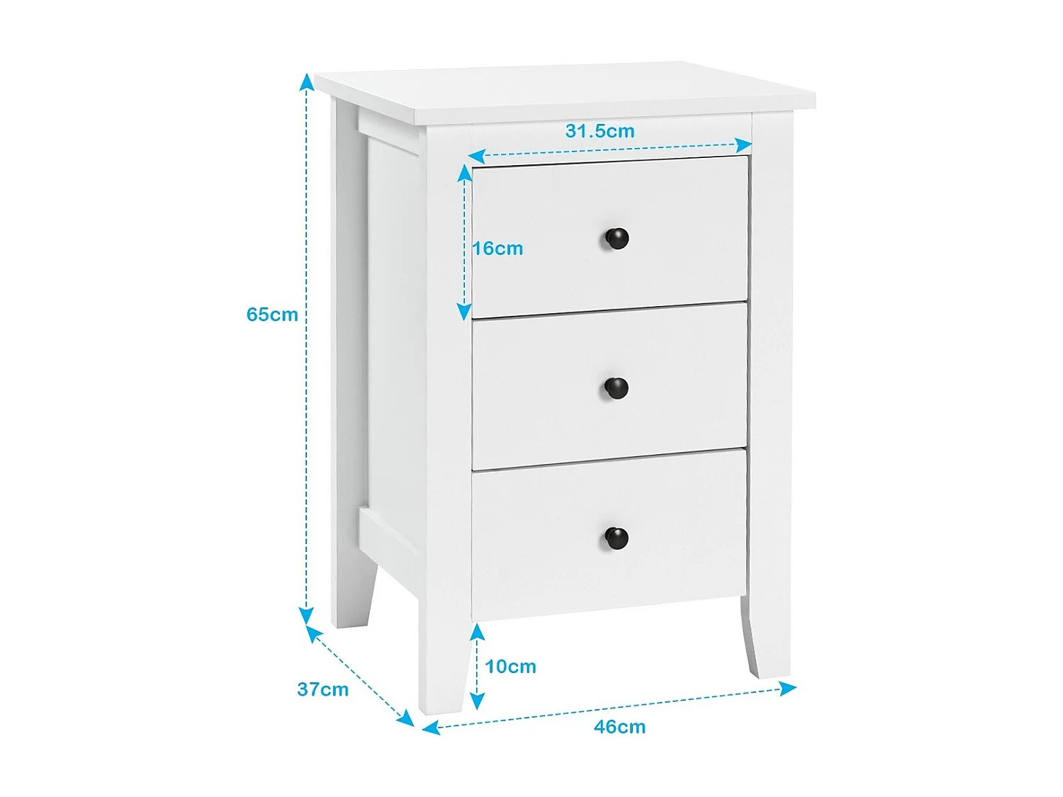 2er Set Nachttisch mit 3 Schubladen Nachtschrank für Boxspringbett 46 x 37 x 65 cm Weiß