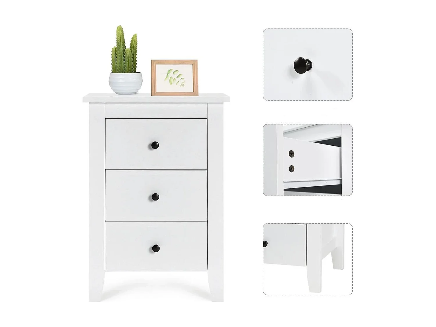 2er Set Nachttisch mit 3 Schubladen Nachtschrank für Boxspringbett 46 x 37 x 65 cm Weiß