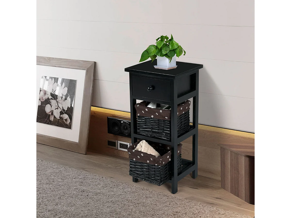 Set di 2 comodini di legno con 3 livelli, Tavolini moderni con 1 cassetto e 2 cesti Nero