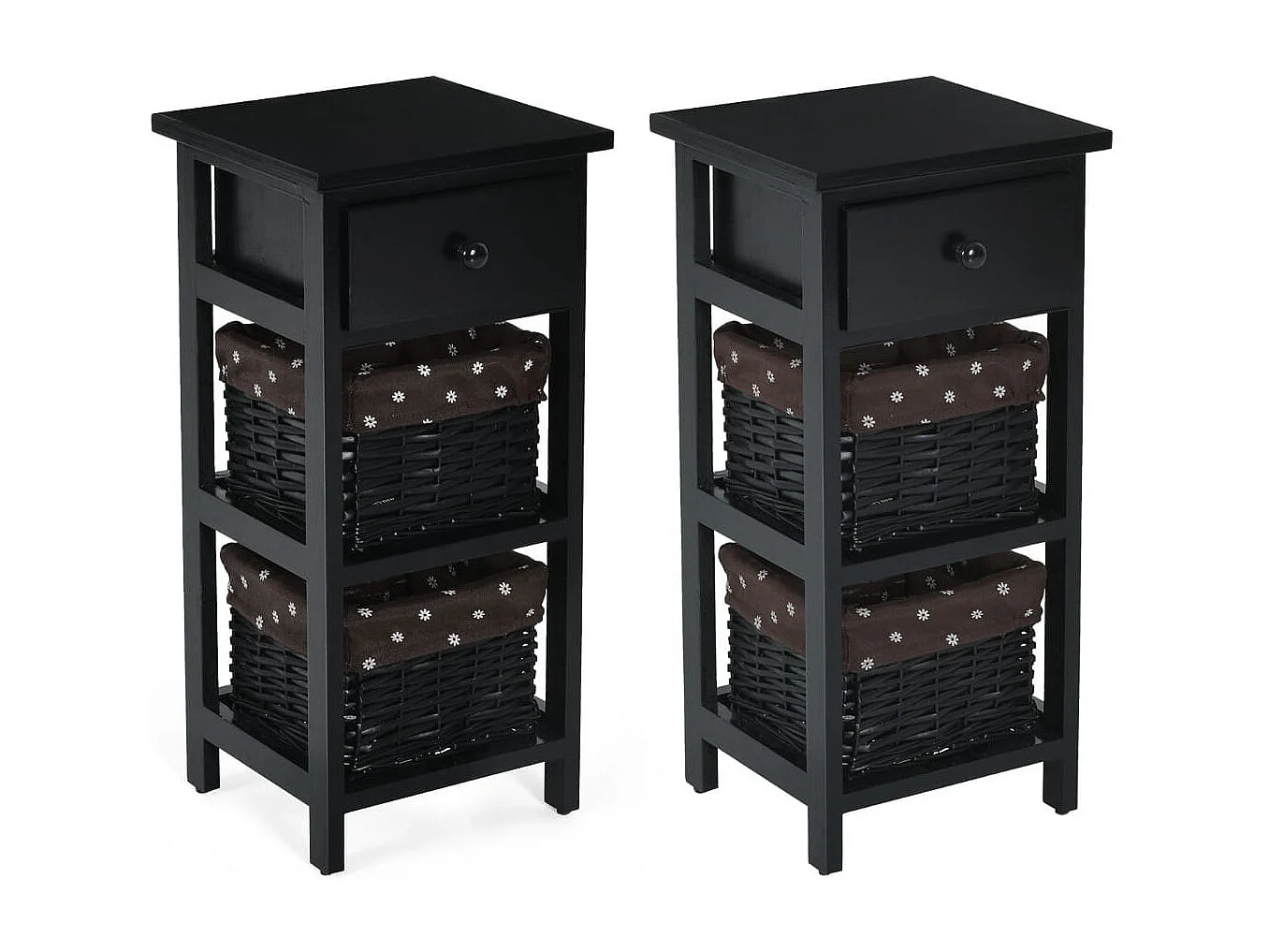 Set di 2 comodini di legno con 3 livelli, Tavolini moderni con 1 cassetto e 2 cesti Nero