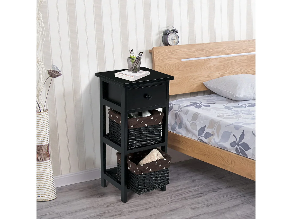 Set di 2 comodini di legno con 3 livelli, Tavolini moderni con 1 cassetto e 2 cesti Nero