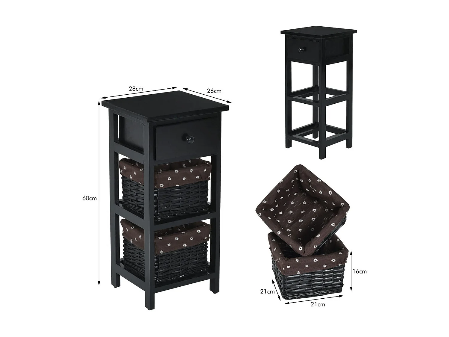 Lot de 2 Tables de Chevet Table de Nuit avec 1 Tiroir et 2 Panier d'Osier Amovible Cadre en Bois de Paulownia Style Vintage Rustique Noir