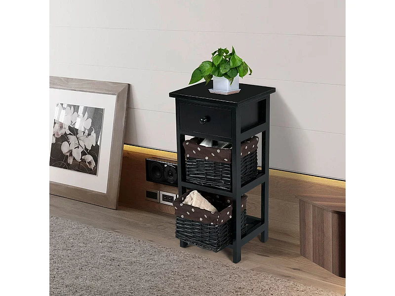 Set di 2 comodini di legno con 3 livelli, Tavolini moderni con 1 cassetto e 2 cesti Nero