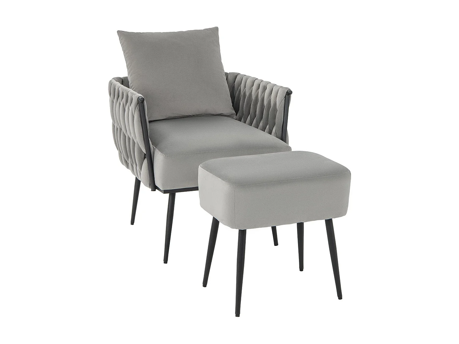 Chaise d'Appoint et Ottoman en Velours Chaise de Loisirs Dossier et Accoudoirs Tissés avec Repose-pieds Profondeur d'Assise 58 cm Gris