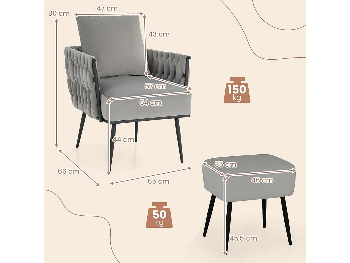 Chaise d'Appoint et Ottoman en Velours Chaise de Loisirs Dossier et Accoudoirs Tissés avec Repose-pieds Profondeur d'Assise 58 cm Gris