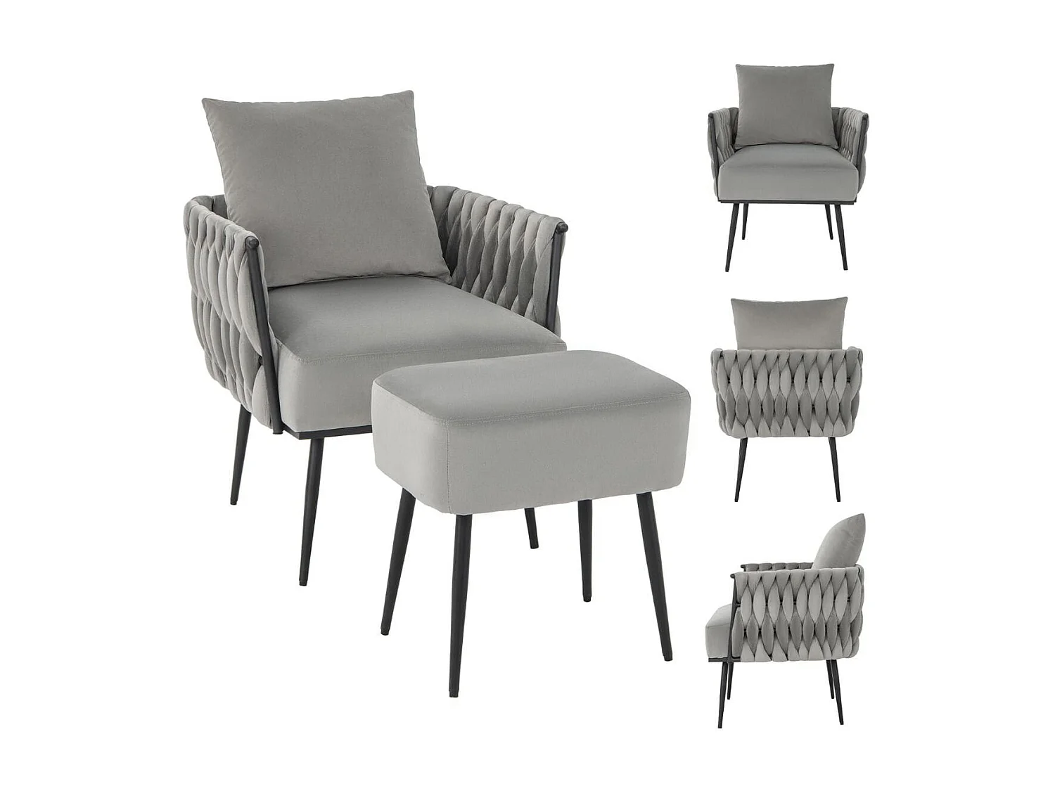 Chaise d'Appoint et Ottoman en Velours Chaise de Loisirs Dossier et Accoudoirs Tissés avec Repose-pieds Profondeur d'Assise 58 cm Gris