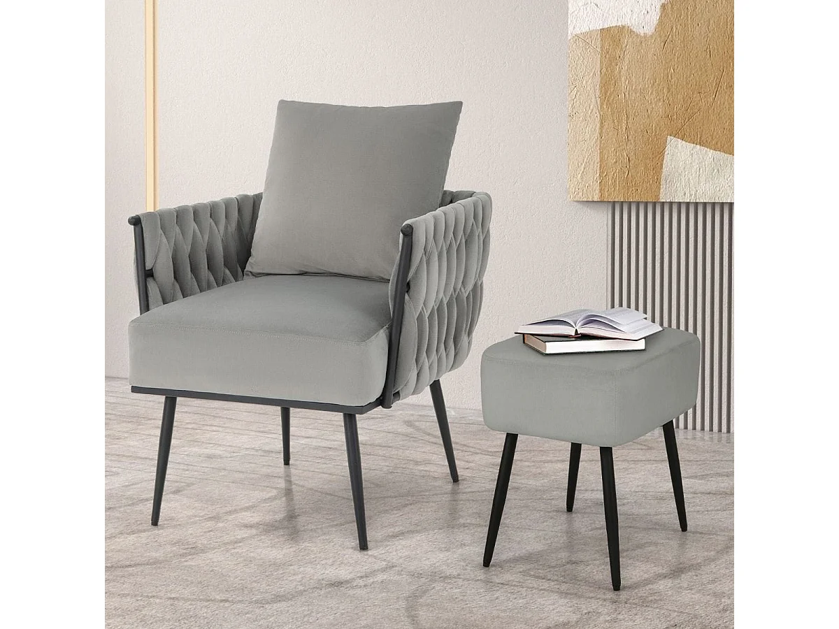 Chaise d'Appoint et Ottoman en Velours Chaise de Loisirs Dossier et Accoudoirs Tissés avec Repose-pieds Profondeur d'Assise 58 cm Gris